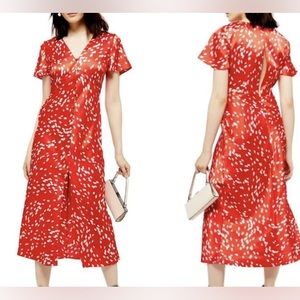 Topshop red silky polkadot button down midi dress